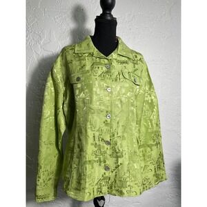 Chicos Lime Green Linen Silk Village Jacquard Button Down Jacket Size 2 Large